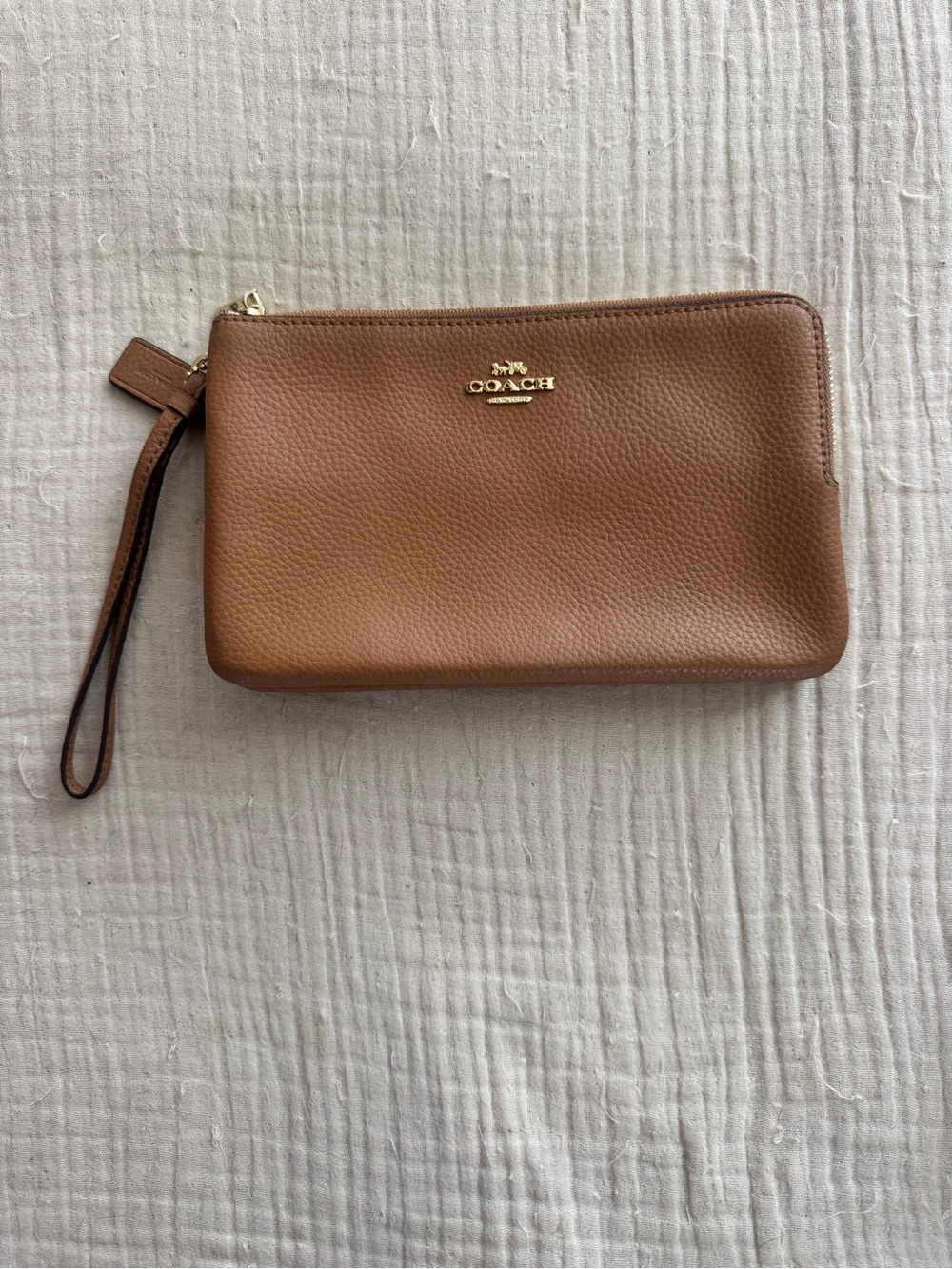 Coach Brown Pebbled Leather Wristlet with Gold Logo